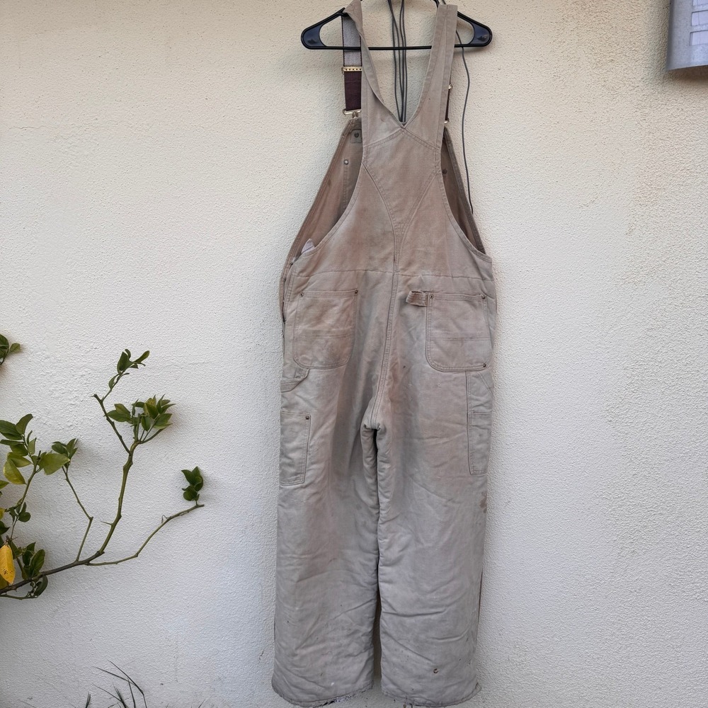 Carhartt Mens Distressed Quilt Lined Duck Canvas Bib Overalls Tan R02 40x29 - Picture 3 of 11